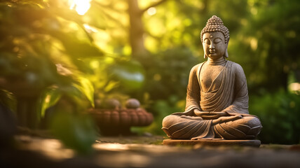 A serene Buddha statue meditates in the peaceful embrace of a garden as the setting sun casts a warm, golden light, invoking calm and spirituality.

