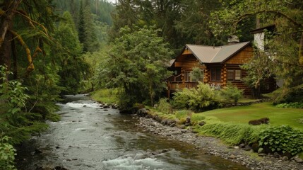 A winding river flows through a lush valley offering a peaceful soundtrack for a restful nights sleep in a quaint mountain lodge. 2d flat cartoon.