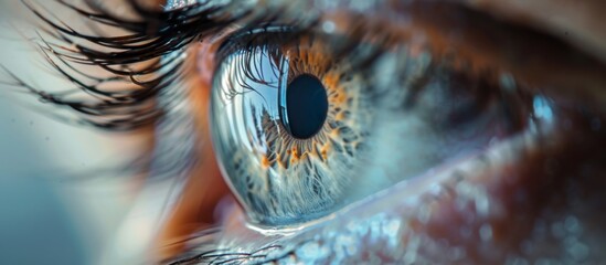 Close-up view of a person's intricate eye details captured against a vibrant blue background - obrazy, fototapety, plakaty