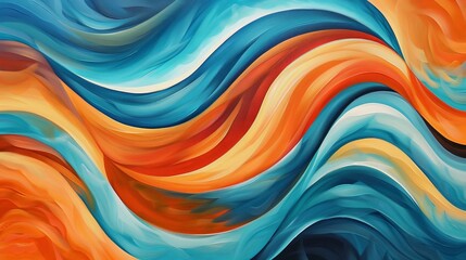 a realm of visual splendor as abstract waves of orange, blanc, and blue ebb and flow across the canvas, their fluid contours and vibrant tones 