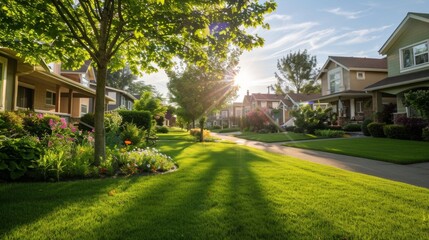 A residential neighborhood with small houses and manicured lawns but a the neatly mowed grass there are plots of land where residents have started their own urban farms. They grow . - obrazy, fototapety, plakaty