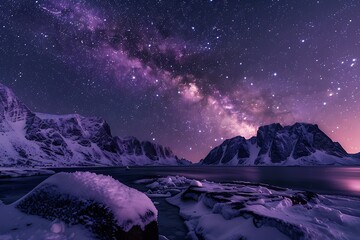 Milky Way arch over the sea coast and snow covered mountains. Milky Way arch, sea coast and snow covered mountains in winter at night. Lofoten Islands, Norway. Arctic landscape with starry purple 