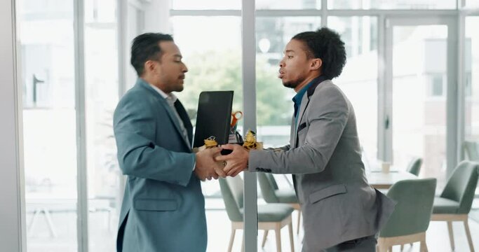 Fired, cardboard box and business man fight with angry manager and employee in a office. Termination, frustrated and worker leaving with struggle from employment dismissal at a company with fail