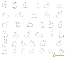 Fototapeta na wymiar Rabbits Line art vector Silhouettes of easter bunnies isolated on a white background. Set of different rabbits silhouettes for design use. vector icon. 