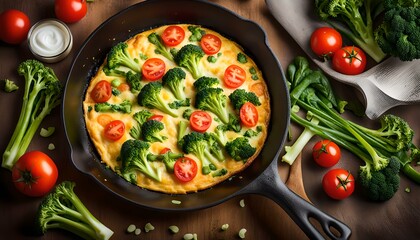 Baked omelette with green vegetables- broccoli, sweet pea and tomato in a skillet .
