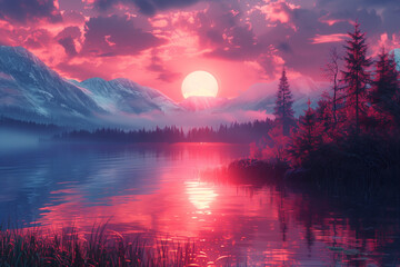 神秘的な夕日と湖のランドスケープ < Generative AI >