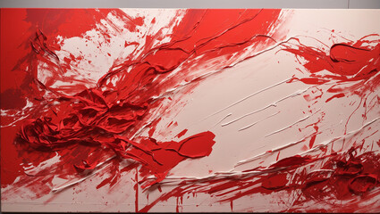 An abstract oil painting with thick red and white brush strokes.

