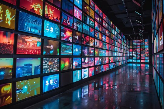 Close shot of broadcast screens on wall showing various programs on it with a big space in front of it in dark surface for text or advertisement background, Generative AI.