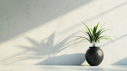 Pure white wall with a single black ceramic pot