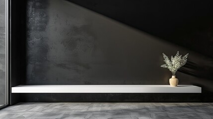 Sleek black wall with one minimalist white shelving unit