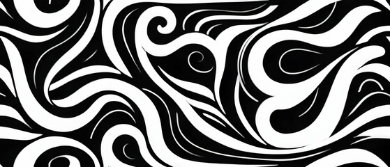 Fototapeta premium Wavy and swirled brush strokes seamless pattern. Seamless horizontal banner with doodle bold lines. Black and white wallpaper