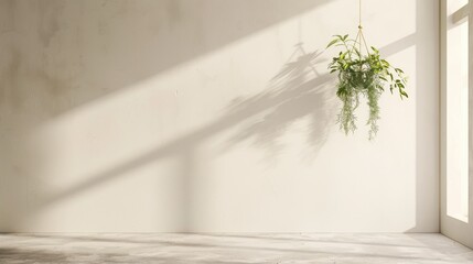 Minimal wall in off-white with a single hanging terrarium
