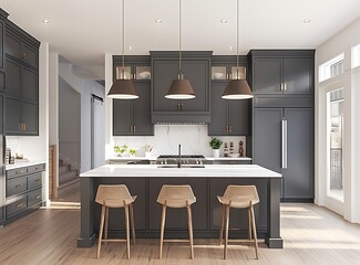 Modern luxury kitchen with island, white oak flooring and dark gray cabinets in a new home construction house stock photo contest winner, high resolution image