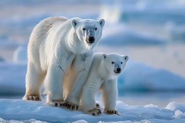 Polar bear with cub on an icefield in Svalbard .