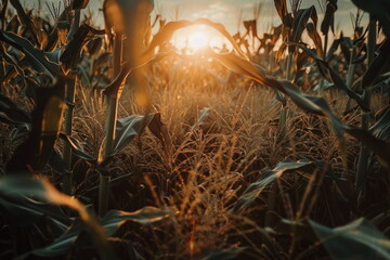 top view of corn field with sunset background, landscape, natural farm - 789772125
