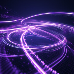 Big data traffic visualization, dynamic high speed data streaming traffic. Neon color glowing lines background, high-speed light trails effect. Purple glowing wave swirl. AI generated image - obrazy, fototapety, plakaty