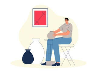 Ceramist making pot of raw clay on pottery wheel. Craft vector illustration