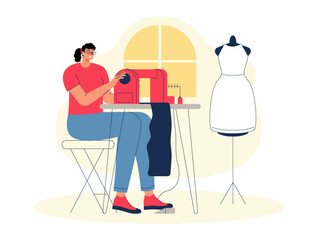 Female tailor working on swing machine. Craft vector illustration