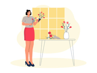 Florist making bouquet. Craft vector illustration