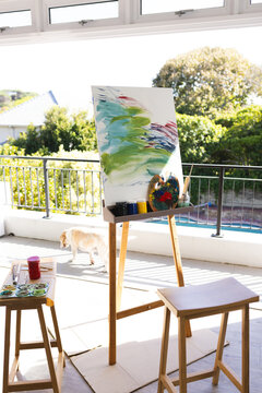 Colourful artwork on canvas at home in bright room with a dog walking by