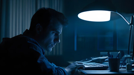 a man working at a computer with a light on in the background