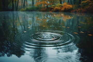 Raindrops splashing into a tranquil pond, sending ripples across its glassy surface. - obrazy, fototapety, plakaty