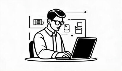 businessman with laptop, person with laptop, person working on laptop, person working on computer, ai, logo businessman, icon businessman, businessman black and white