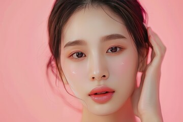 Young Asian beauty woman pulled back hair with korean makeup style touch her face and perfect skin on isolated pink background. Facial treatment, Cosmetology, plastic surgery - generative ai