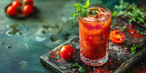 Foto op Plexiglas A bloody marry vodka tomato juice kept on a clean surface with other element like wooden tray and tomato for decoration with space for text, Generative AI. © Our Scrapbook