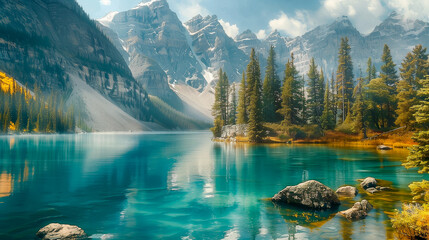 lake shore in Banff National Park in Canada - obrazy, fototapety, plakaty