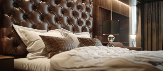 Brown headboard and pillows accent a cozy bed with warm tones and inviting comfort
