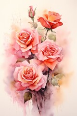 A watercolor artwork of roses in fire, depicting a variety of rose varieties