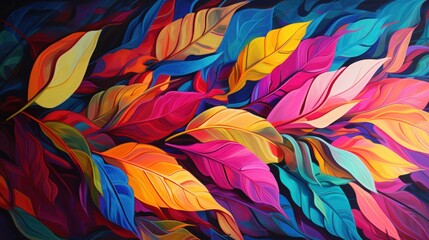 Illustrative depiction of a background filled with colorful leaves in abstract patterns