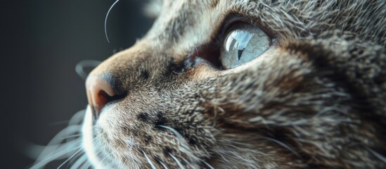 A detailed view of a domestic feline's face, focusing on its whiskers, eyes, and fur, set against a softly blurred backdrop - obrazy, fototapety, plakaty