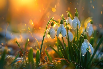 Spring colorful background with flower - plant. Beautiful nature in springtime. Snowdrop (Galanthus nivalis). Spring colorful background with flower - plant. Beautiful nature in spring time. Snow - obrazy, fototapety, plakaty