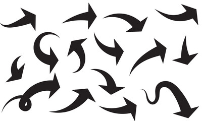 Super set different shape hand drawn arrows. Doodle style curved and squiggly arrows. Illustrations for Web or polygraphy Design.