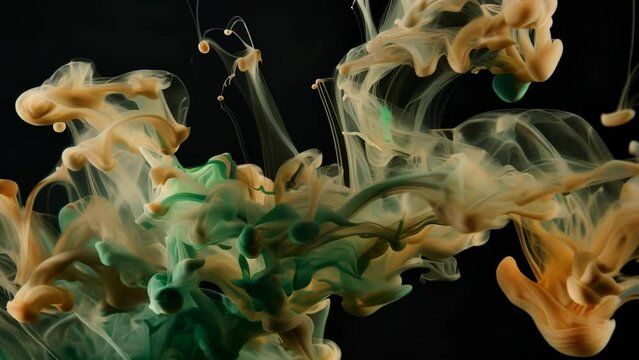 Against a black background, pale green and gold smoke swirls to create abstract shapes. Characterized by organic, dynamic movement that evokes a sense of vitality and energy. 