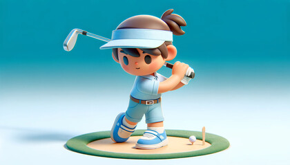 3D animated character in the midst of a golf swing