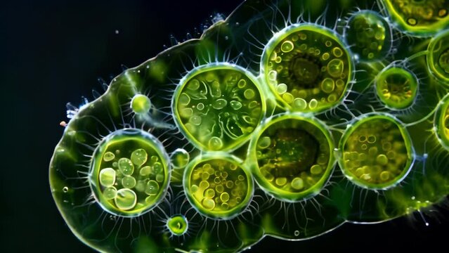 The intricate internal structure of a freshwater euglenoid showing its segmented nucleus and numerous tiny chloroplasts. . AI generation.