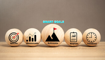 concept of smart goal, Business and SMART symbol on the Wooden ball  with words 'SMART, specific...