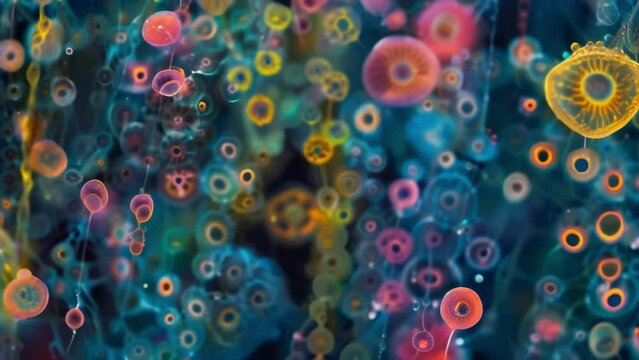 A stunning image of singlecelled protozoa colonies with each colony displaying different colors and shapes. Some are solitary while . AI generation.
