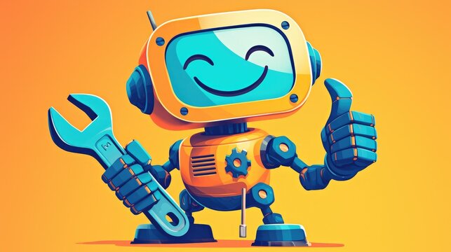 A quirky cartoon character mascot representing a mobile phone repair service plumber or mechanic is depicted cheerfully holding a spanner while flashing a thumbs up gesture