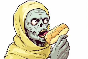 A cartoon zombie eating a hotdog - obrazy, fototapety, plakaty