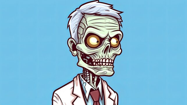 A cartoon illustration of a zombie doctor with white hair, green skin, and a red tie.
