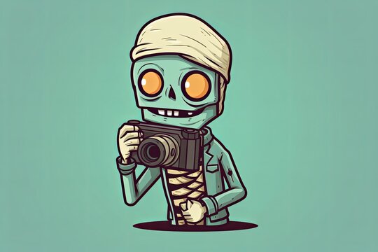 A cartoon zombie wearing a beanie is taking a picture with a camera.
