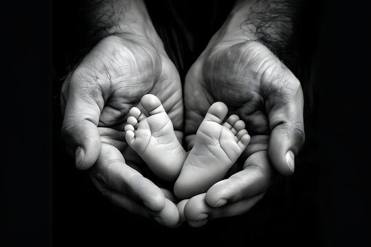The palms of the father, the mother are holding the foot of the newborn baby. Feet of the newborn on the palms of the parents. Studio macro black and white photo of a child& x27;s toes, heels and feet