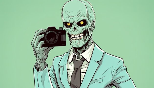 A zombie in a suit and tie taking a picture with a camera.