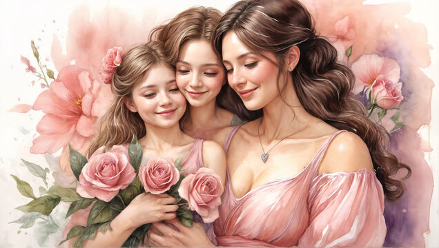 A illustration watercolor painting a mother and a daughter are cuddling while holding flowers. Motherhood, mother's day