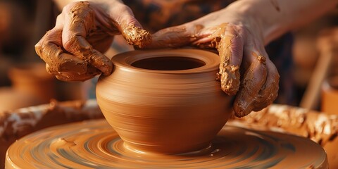Close shot of a hand molding clay pot on potter wheel with a big space for text or product advertisement best for handmade product backdrop, Generative AI.
