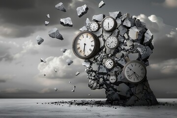 Time and stress and business pressure concept as a group of clock objects destroying cement shaped as a human head as a work fatigue and exhaustion metaphor with 3D illustration elements. . - obrazy, fototapety, plakaty